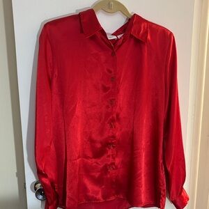 TR Bentley Satin Red Button Up Blouse Vintage Sz L